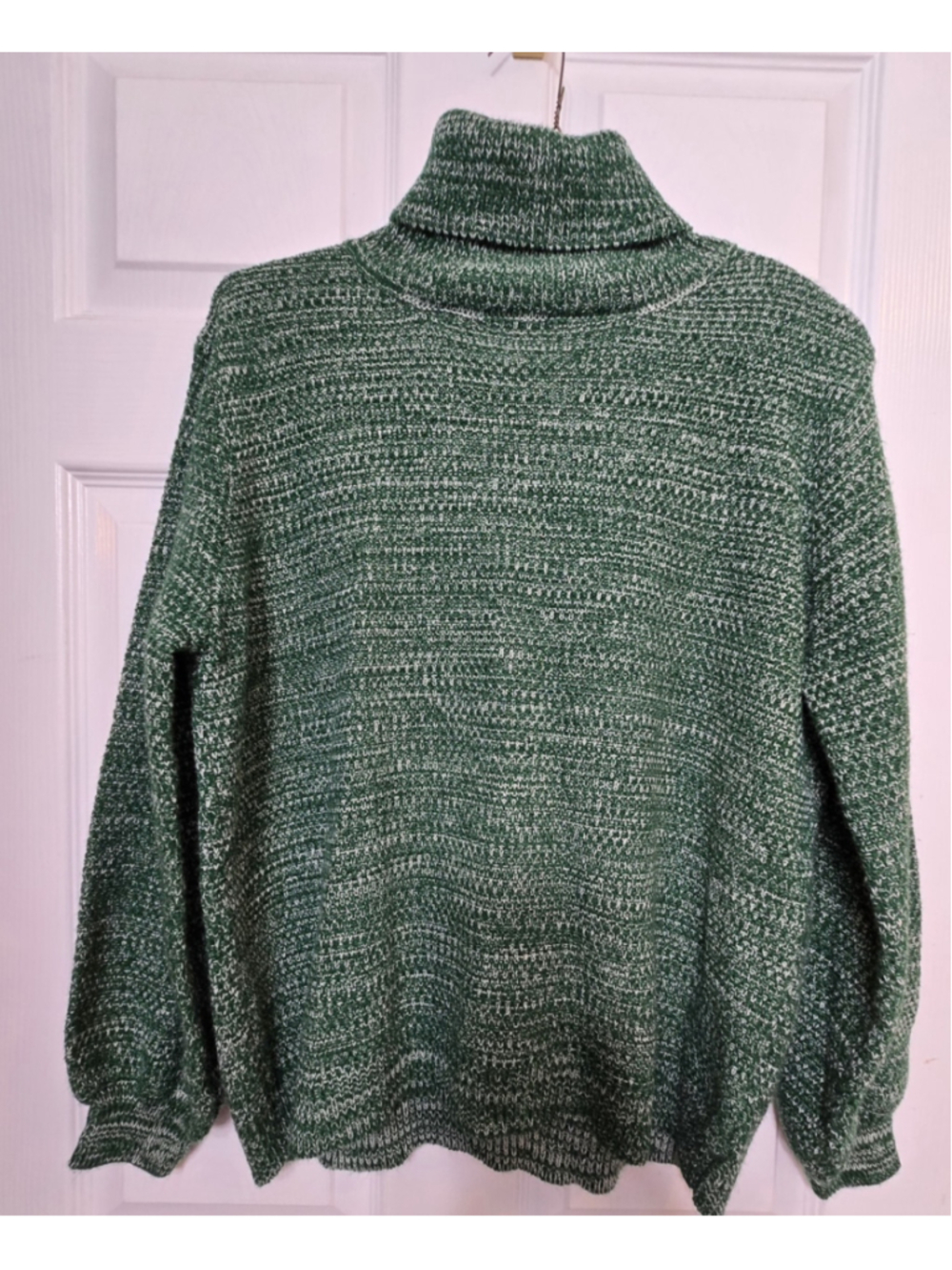 Zenana Womens M Marled Knit Turtleneck Sweater Green Slouchy Balloon Sleeve Soft